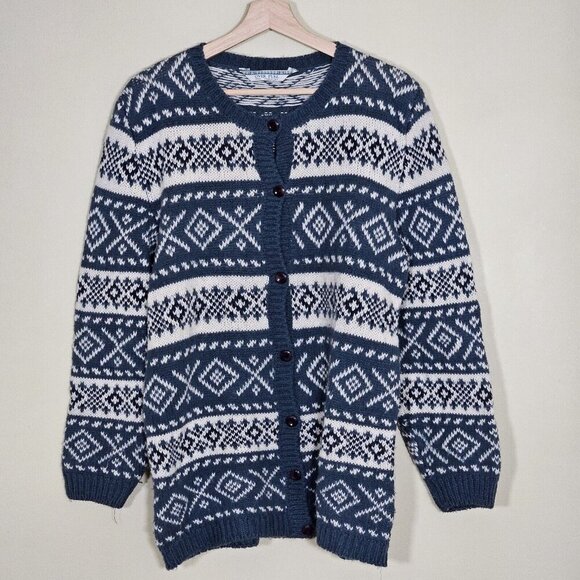 Over Pull Scandinavian Pattern Cardigan Womens L Blue White LS Cottage Lagenlook - Picture 13 of 14